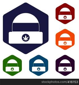 Hat with sign cannabis icons set rhombus in different colors isolated on white background. Hat with sign cannabis icons set