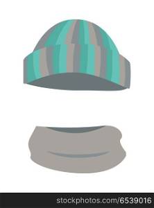 Hat. Woolen Warm Striped Headwear and Grey Scarf. Hat. Woolen warm striped headwear and grey scarf twisted around. Round hat with green, grey, silver, dark stripes. Warm winter stuff on white background and flat design. Vector illustration.