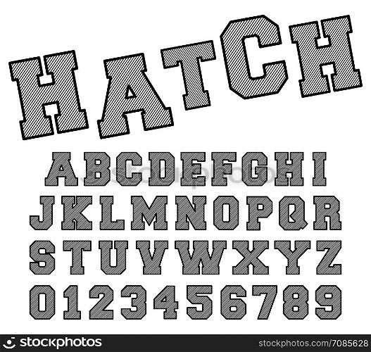 Hatch alphabet font template. Letters and numbers line design. Vector illustration.. Hatch alphabet font template. Letters and numbers line design