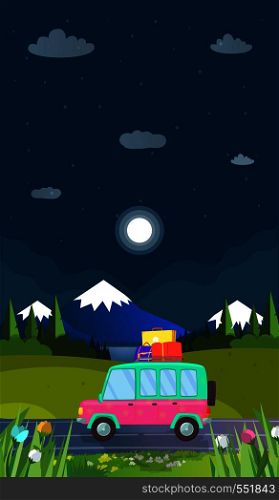 Hatchback Car with Luggage on Roof Driving by Road on Nighty Landscape Background with Mountains, Lake and Fir Trees at Summer Time. Family Traveling. Voyage. Trip. Cartoon Flat Vector Illustration.. Hatchback Car with Luggage on Roof Driving by Road