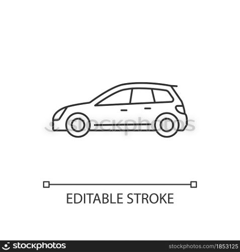 Hatchback linear icon. Cheap sports car. Auto with two-box design. Access to cargo area. Thin line customizable illustration. Contour symbol. Vector isolated outline drawing. Editable stroke. Hatchback linear icon