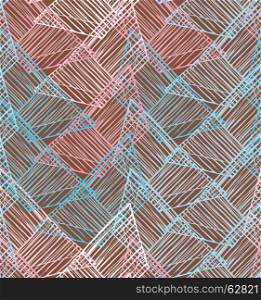 Hatched trapezoids blue and red overlapping.Hand drawn with ink and marker brush seamless background.