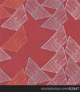 Hatched trapezoids on red.Hand drawn with ink and marker brush seamless background.