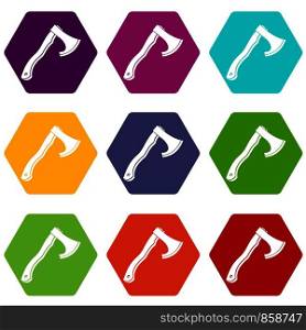 Hatchet icon set many color hexahedron isolated on white vector illustration. Hatchet icon set color hexahedron