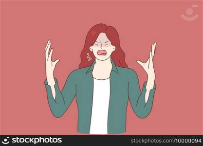 Hate, rage, emotional scream concept. Crying emotional angry young woman cartoon character standing screaming showing gestures with fingers feeling furious aggressive displeased vector illustration . Hate, rage, emotional scream concept