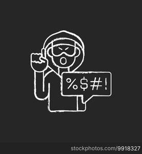 Hate speech chalk white icon on black background. Offensive comment. Rude talk. Shaming and spreading negativity. Cyberbullying and cyberharassment. Isolated vector chalkboard illustration. Hate speech chalk white icon on black background