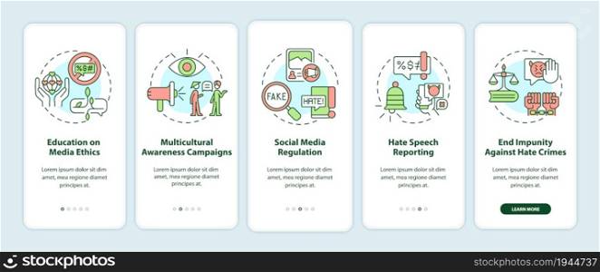 Hate speech countering onboarding mobile app page screen. Awareness campaigns walkthrough 5 steps graphic instructions with concepts. UI, UX, GUI vector template with linear color illustrations. Hate speech countering onboarding mobile app page screen