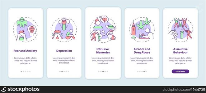 Hate speech effects onboarding mobile app page screen. Fear and anxiety walkthrough 5 steps graphic instructions with concepts. UI, UX, GUI vector template with linear color illustrations. Hate speech effects onboarding mobile app page screen