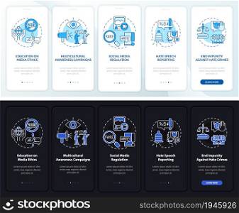 Hate speech prevention onboarding mobile app page screen. Media ethics walkthrough 5 steps graphic instructions with concepts. UI, UX, GUI vector template with linear night and day mode illustrations. Hate speech prevention onboarding mobile app page screen