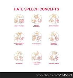 Hate speech red gradient concept icons set. Aggression towards person and group idea thin line color illustrations. Threat speech. Defamation. Bullying experiences. Vector isolated outline drawings. Hate speech red gradient concept icons set