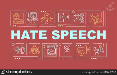 Hate speech red word concepts banner. Sexist and religious discrimination. Infographics with linear icons on pink background. Isolated creative typography. Vector outline color illustration with text. Hate speech red word concepts banner