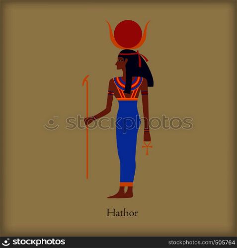 Hathor, Goddess of love icon in flat style on a brown background . Hathor, Goddess of love icon, flat style