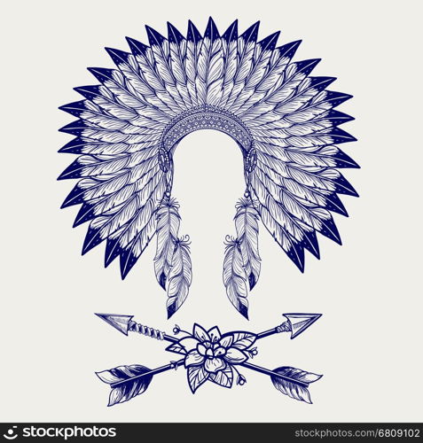Hative american headdress sketch. Hative american headdress from feathers and arrows with flower. Vector illustration