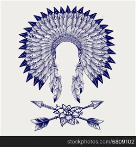 Hative american headdress sketch. Hative american headdress from feathers and arrows with flower. Vector illustration