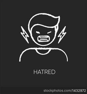 Hatred chalk white icon on black background. Man aggressively shout. Yell from irritation. Negative intense emotion. Feeling of rage. Crisis and conflict. Isolated vector chalkboard illustration. Hatred chalk white icon on black background