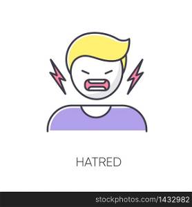 Hatred RGB color icon. Man aggressively shout. Person yell from irritation. Negative intense emotion. Feeling of rage. Crisis and conflict. Emotional outburst. Isolated vector illustration. Hatred RGB color icon
