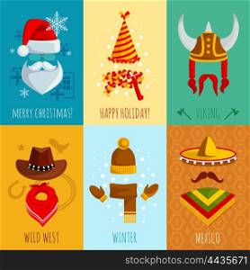 Hats And Accessories Mini Posters. Merry christmas happy holiday viking wild west winter and mexico hats and accessories flat mini posters vector illustration
