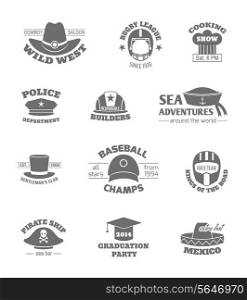 Hats and cap professions stamps set black isolated vector illustration