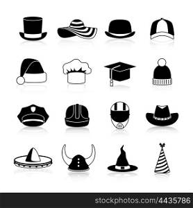 Hats And Caps Black Icons. Hats and caps black icons set of motorcycle helmet bowler baseball cap straw hat halloween and cowboy hats clown and winter sports caps isolated vector illustration