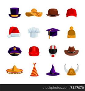Hats And Caps Flat Color Icons. Hats and caps flat color icons set of sombrero bowler square academic hat baseball cap straw hat santa claus and clown caps isolated vector illustration