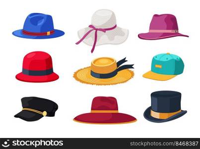 Hats and caps for men and women cartoon vector illustrations set. Retro and modern male and female headgear, cowboy and summer straw hat isolated on white background. Accessories, headwear concept