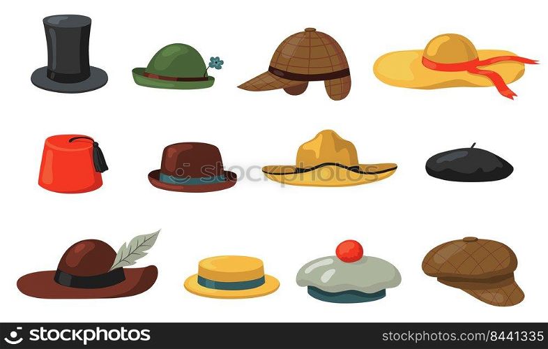 Hats and caps set. Clothes accessory for men and women, panama, vintage traditional headdress. Flat vector illustration for vintage fashion, headwear concept