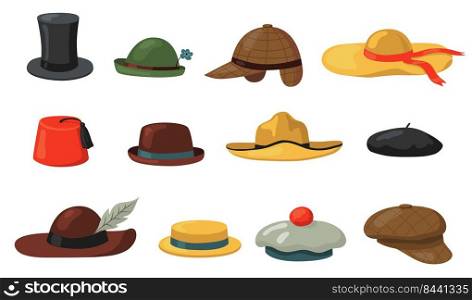 Hats and caps set. Clothes accessory for men and women, panama, vintage traditional headdress. Flat vector illustration for vintage fashion, headwear concept