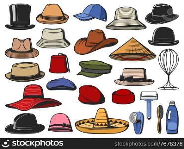 Hats and caps vector. Man and woman headwear icons. Cowboy, Asian straw and cylinder hats, beret, bowler, fedora and beanie, baseball cap, sombrero, cloche, panama and pillbox headdress. Hat and cap icons. Man and woman headwear