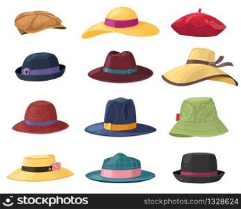 Hats and headgears. Stylish summer male and female headwear, vintage classic and modern hats, clothes accessory colorful cartoon vector set of accessories. Hats and headgears. Stylish summer male and female headwear, vintage classic and modern hats, clothes accessory colorful cartoon vector set