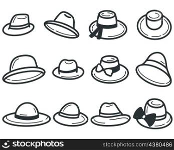 Hats doodle set isolated vector illustration. Collection of hand drawn male and female headdress. Hats doodle set isolated vector illustration