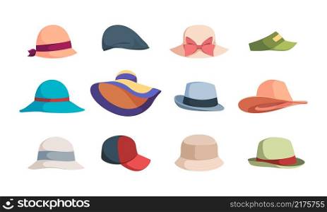 Hats. Fashioned head clothes summer caps and hats for woman garish vector illustrations collection isolated. Traditional clothes straw, headdress and fedora. Hats. Fashioned head clothes summer caps and hats for woman garish vector illustrations collection isolated