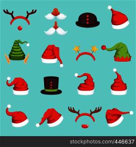 Hats of different christmas characters. Cap of santa, elf and snowman. Vector illustrations in cartoon style. Santa claus hat and christmas cap elf and deer. Hats of different christmas characters. Cap of santa, elf and snowman. Vector illustrations in cartoon style