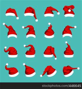 Hats of santa. Big christmas set isolated. Vector of santa claus hat for christmas holiday illustration. Hats of santa. Big christmas set isolated