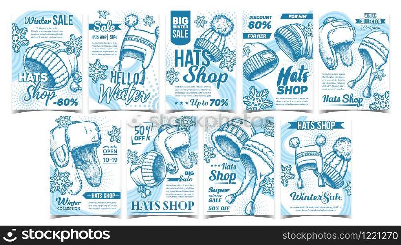Hats Shop Winter Sale Advertise Banner Set Vector. Collection Of Different Creative Advertising Poster With Hats And Snowflakes. Woollen Cap Monochrome Designed In Vintage Style Illustrations. Hats Shop Winter Sale Advertise Banner Set Vector