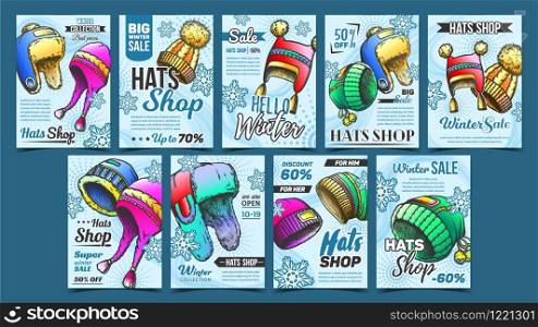 Hats Shop Winter Sale Advertise Banner Set Vector. Collection Of Different Creative Advertising Poster With Hats And Snowflakes. Woollen Cap Concept Template Designed In Vintage Style Illustrations. Hats Shop Winter Sale Advertise Banner Set Vector