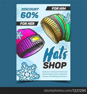 Hats Shop With Discount Advertising Banner Vector. Oversize Baggy Ski Hats For Men And Women And Snowflakes. Cap Clothing Accessory Concept Template Designed In Vintage Style Colorful Illustration. Hats Shop With Discount Advertising Banner Vector