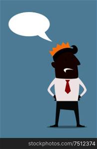 Haughty cartoon african american businessman in gold crown with blank speech bubble. Flat style image, suitable for leadership or success business concept. Black businessman in crown with speech bubble