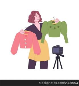 Haul video isolated cartoon vector illustrations. Stylish women reviewing new trendy clothes, recording fashion vlog, people lifestyle, showing different sweaters on a camera vector cartoon.. Haul video isolated cartoon vector illustrations.
