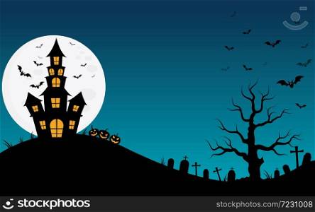 haunted house and full moon with ghost,horror night background.Vector illustration
