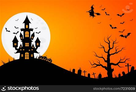 haunted house and full moon with ghost,horror night background.Vector illustration