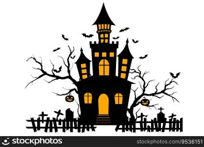 Haunted house halloween with bat, tree, grave, pumpin, elements for halloween greeting card, vector illustration