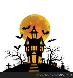 Haunted house halloween with bat, tree, grave, pumpin, elements for halloween greeting card, vector illustration