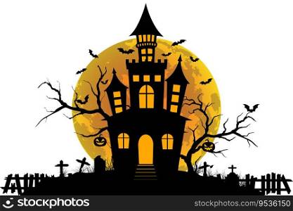 Haunted house halloween with fullmoon, bat, tree, grave, pumpin, elements for halloween greeting card