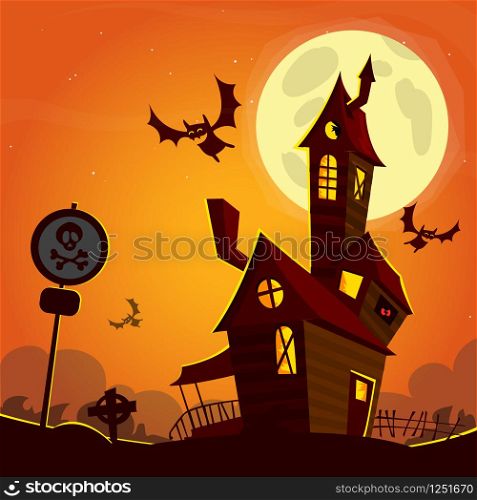 Haunted house on night background with a full moon behind. Vector Halloween background.