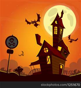 Haunted house on night background with a full moon behind. Vector Halloween background.
