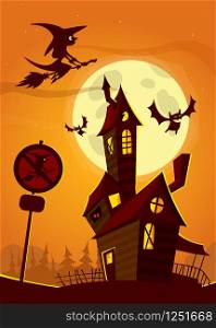 Haunted house on night background with a full moon behind - Vector Halloween illustration