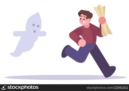 Haunted house visit semi flat RGB color vector illustration. Scared figure. Escape room. Participating in fun activity. Man running away from ghost isolated cartoon character on white background. Haunted house visit semi flat RGB color vector illustration