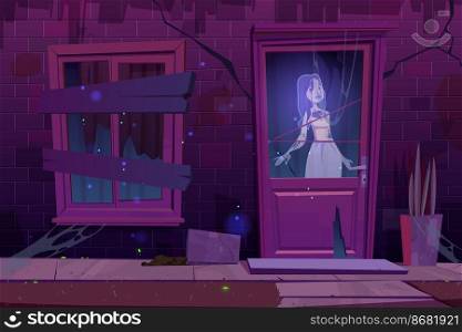 Haunted house with ghost stand in darkness behind of door window. Scary abandoned old building exterior with dead woman spirit inside, cracked wall, halloween spooky scene. Cartoon vector illustration. Haunted house with ghost stand behind of door