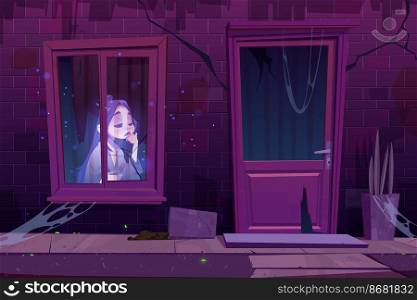 Haunted house with sad ghost sit in darkness behind of window. Scary abandoned old building exterior with dead woman spirit inside, cracked wall and door. Halloween spooky Cartoon vector illustration. Haunted house with sad ghost sit behind of window