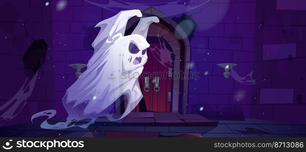 Haunted old castle with ghost, broken wooden door and stone wall. Vector cartoon illustration of abandoned medieval gungeon with spooky angry spirit at night. Haunted old broken castle with ghost